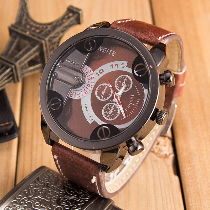 Luxury Mens Analog Sport Steel Case Quartz Leather Wrist Watch
