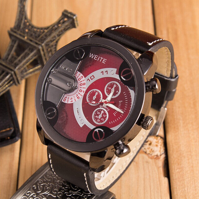 Luxury Mens Analog Sport Steel Case Quartz Leather Wrist Watch