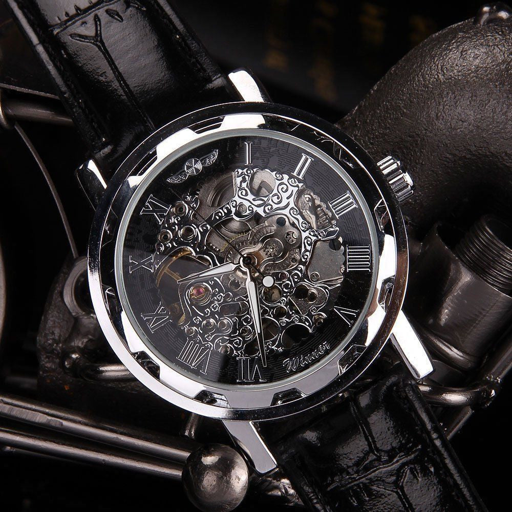 Classic Men's Black Leather Dial Skeleton Mechanical Sport Army Wrist Watch