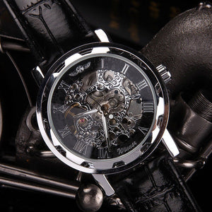 Classic Men's Black Leather Dial Skeleton Mechanical Sport Army Wrist Watch