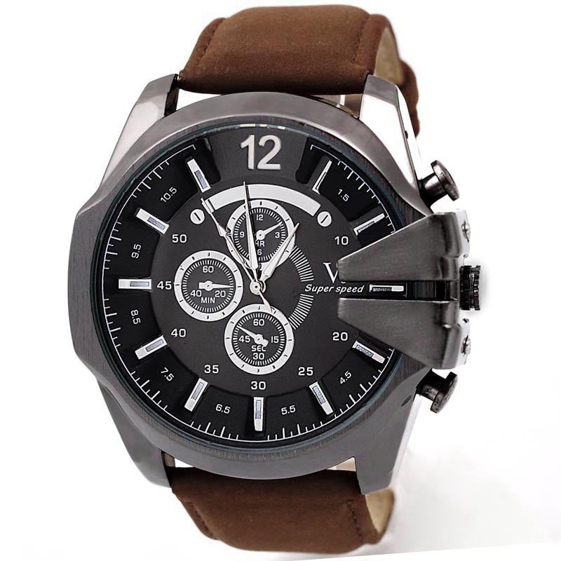 Men Watch Analog Sport Steel Case Quartz Dial Leather Wrist Watch