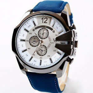 Men Watch Analog Sport Steel Case Quartz Dial Leather Wrist Watch