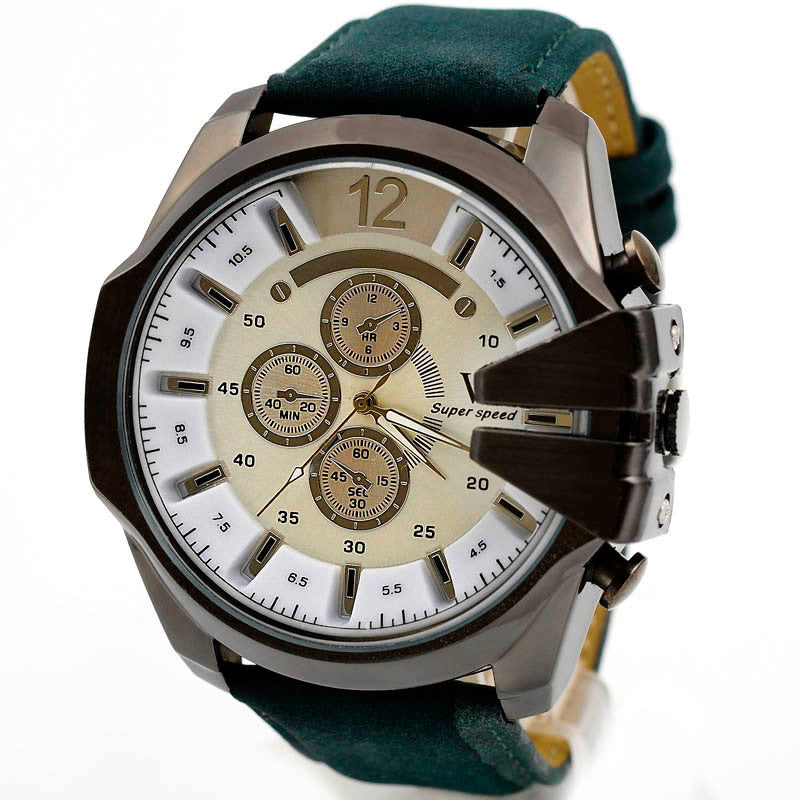 Men Watch Analog Sport Steel Case Quartz Dial Leather Wrist Watch