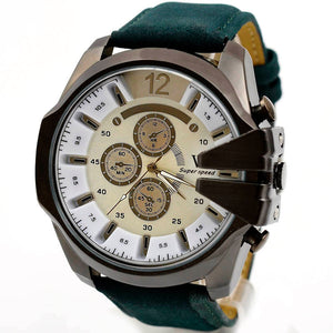 Men Watch Analog Sport Steel Case Quartz Dial Leather Wrist Watch
