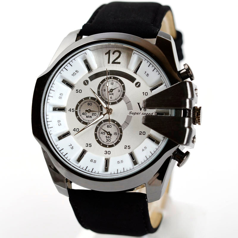 Men Watch Analog Sport Steel Case Quartz Dial Leather Wrist Watch