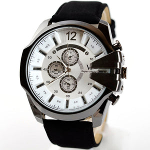 Men Watch Analog Sport Steel Case Quartz Dial Leather Wrist Watch