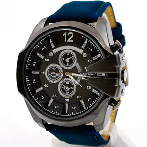 Men Watch Analog Sport Steel Case Quartz Dial Leather Wrist Watch