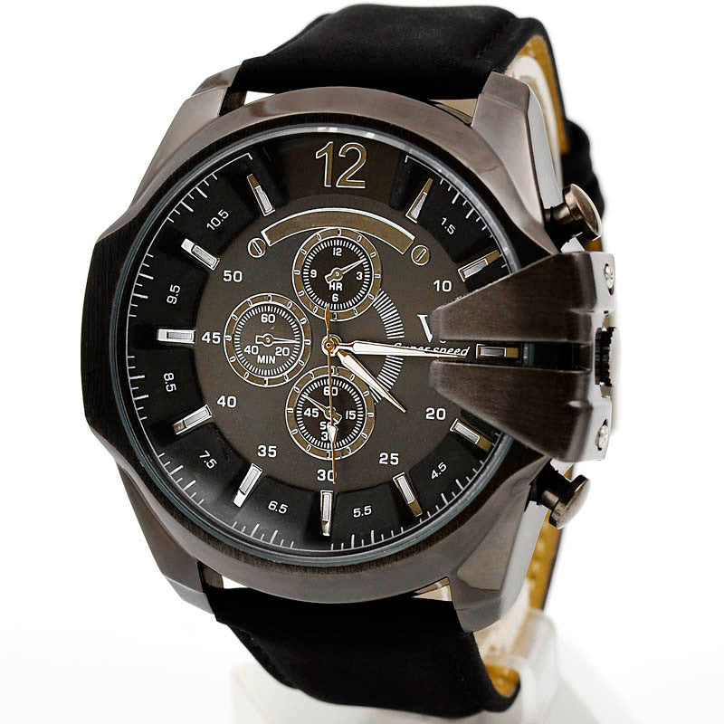 Men Watch Analog Sport Steel Case Quartz Dial Leather Wrist Watch