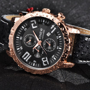 Mens Quartz Wrist Watch Analog Date Day Army Sport Black Leather Luxury